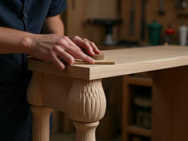 Craftsman working on a custom wooden furniture piece in a workshop, focusing on intricate details